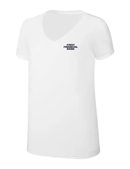 Womens Simply Soft V-Neck White 4.5oz  Poly/Combed Ring Spun Cotton T-Shirt w/First Financial Bank Logo
