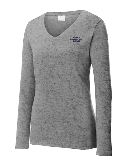 Womens  V-Neck Ring Spun Grey Heather 4.5 oz Long Sleeve T-Shirt w/First Financial Bank Logo