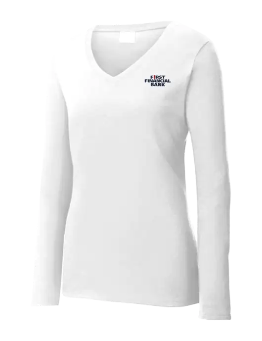 Womens  V-Neck Ring Spun White 4.5 oz Long Sleeve T-Shirt w/First Financial Bank Logo