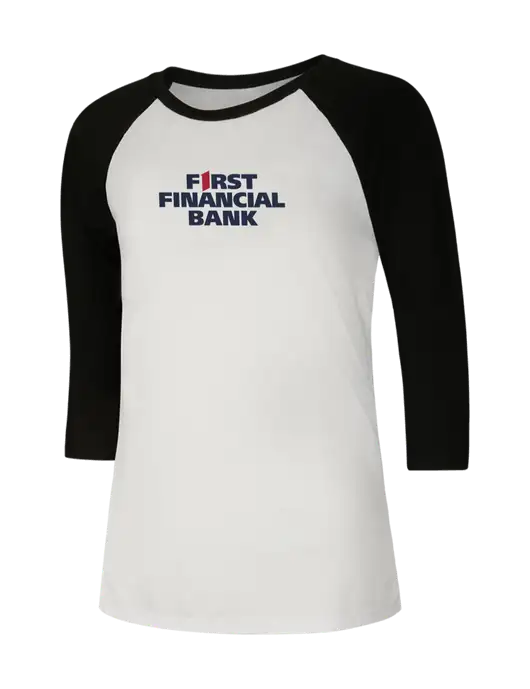 Womens Simply Soft 3/4 Sleeve Black/White Ring Spun Cotton T-Shirt w/First Financial Bank Logo