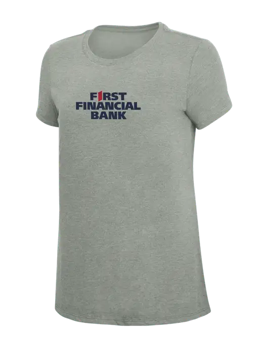 Womens Simply Soft Grey Frost 4.5oz  Poly/Combed Ring Spun Cotton T-Shirt w/First Financial Bank Logo