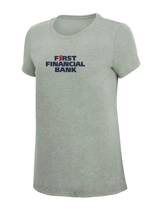 Womens Simply Soft Heathered Light Grey 4.5oz Poly/Combed Ring Spun Cotton T-Shirt w/First Financial Bank Logo