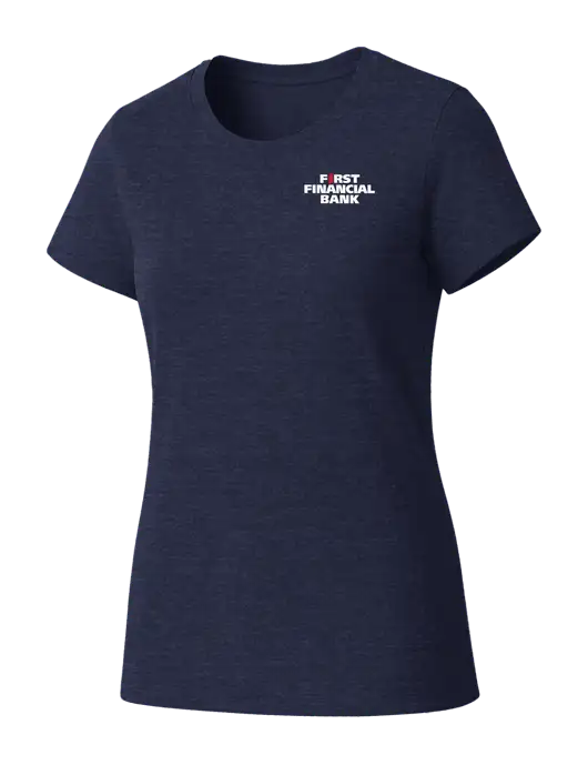 Womens Seriously Soft Heathered Navy T-Shirt w/First Financial Bank Logo