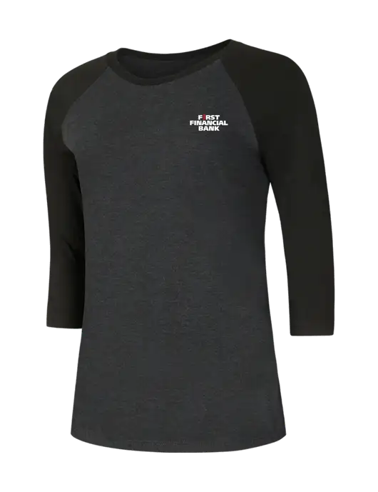 Womens Simply Soft 3/4 Sleeve Black/Black Frost Ring Spun Cotton T-Shirt w/First Financial Bank Logo