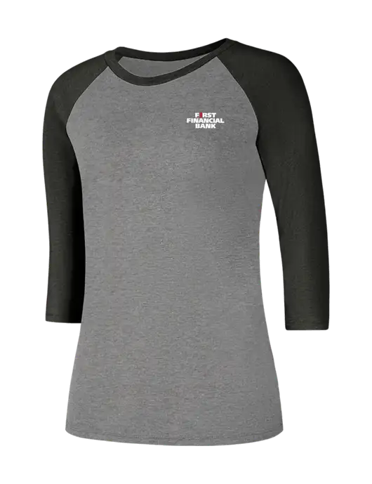 Womens Simply Soft 3/4 Sleeve Black Frost/Grey Frost Ring Spun Cotton T-Shirt w/First Financial Bank Logo