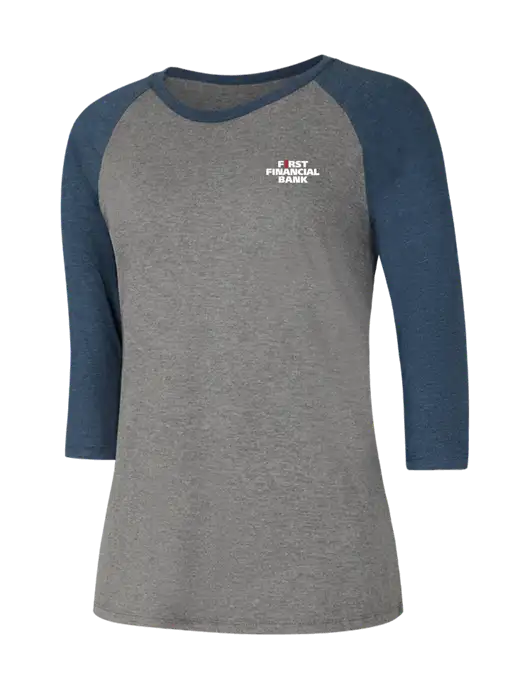 Womens Simply Soft 3/4 Sleeve Navy Frost/Grey Frost Ring Spun Cotton T-Shirt w/First Financial Bank Logo