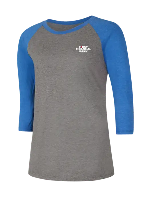 Womens Simply Soft 3/4 Sleeve Royal Frost/Grey Ring Spun Cotton T-Shirt w/First Financial Bank Logo