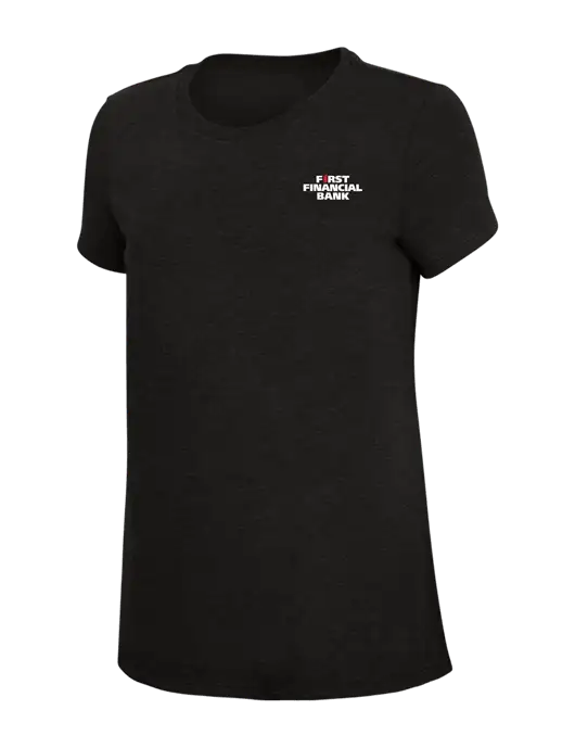Womens Simply Soft Black 4.5oz Poly/Combed Ring Spun Cotton T-Shirt w/First Financial Bank Logo