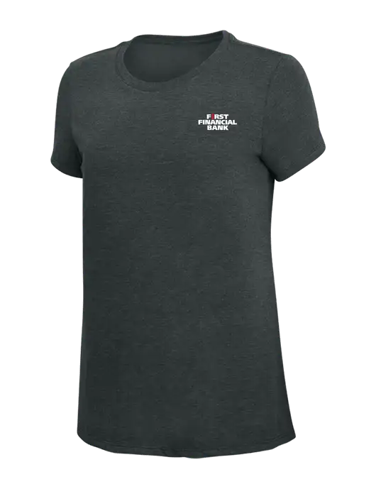 Womens Simply Soft Black Frost 4.5oz Poly/Combed Ring Spun Cotton T-Shirt w/First Financial Bank Logo