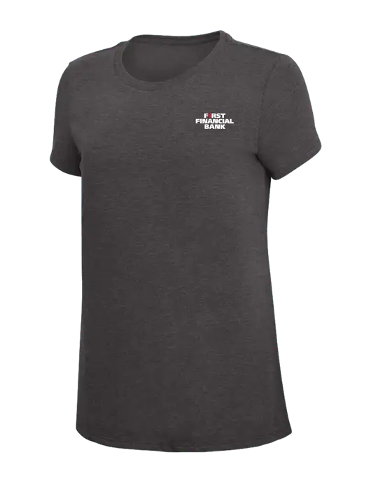 Womens Simply Soft Heather Charcoal 4.5oz  Poly/Combed Ring Spun Cotton T-Shirt w/First Financial Bank Logo