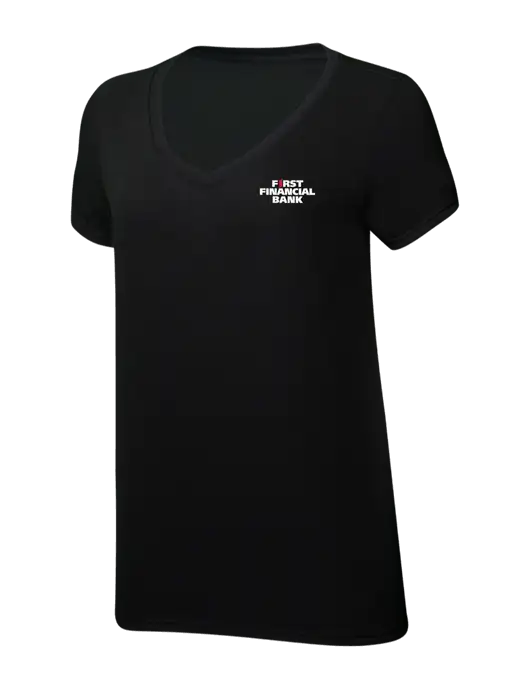 Womens Simply Soft V-Neck Black 4.5oz  Poly/Combed Ring Spun Cotton T-Shirt w/First Financial Bank Logo