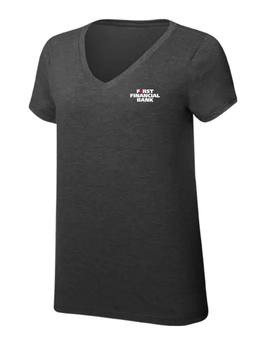 Womens Simply Soft V-Neck Black Frost 4.5oz  Poly/Combed Ring Spun Cotton T-Shirt w/First Financial Bank Logo