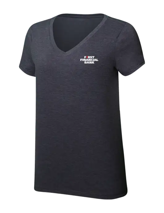 Womens Simply Soft V-Neck Heather Charcoal 4.5oz  Poly/Combed Ring Spun Cotton T-Shirt w/First Financial Bank Logo