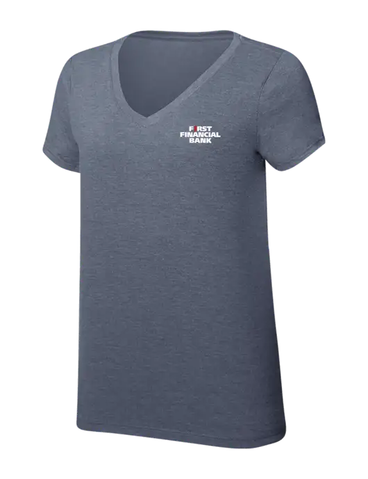 Womens Simply Soft V-Neck Navy Frost 4.5oz  Poly/Combed Ring Spun Cotton T-Shirt w/First Financial Bank Logo