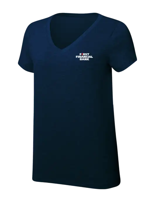 Womens Simply Soft V-Neck New Navy 4.5oz  Poly/Combed Ring Spun Cotton T-Shirt w/First Financial Bank Logo