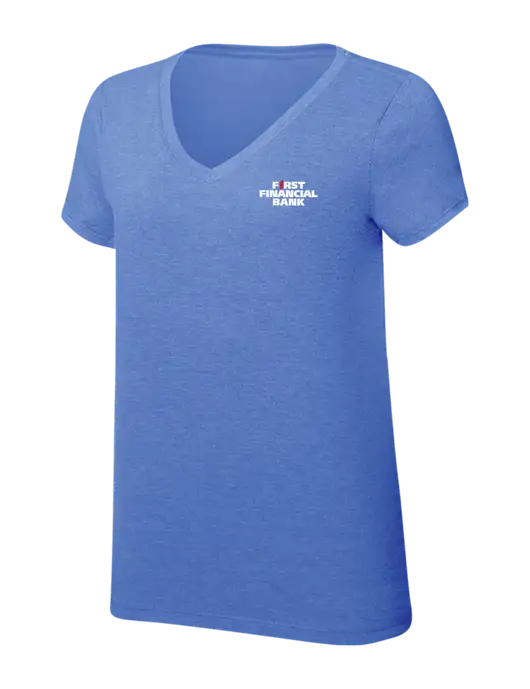 Womens Simply Soft V-Neck Royal Frost 4.5oz  Poly/Combed Ring Spun Cotton T-Shirt w/First Financial Bank Logo