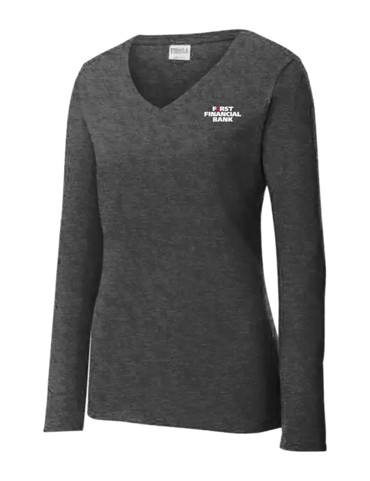 Womens  V-Neck Ring Spun Dark Heather Grey 4.5 oz Long Sleeve T-Shirt w/First Financial Bank Logo
