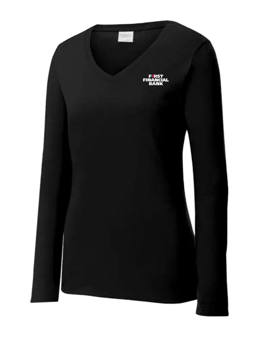 Womens V-Neck Ring Spun Jet Black 4.5 oz Long Sleeve T-Shirt w/First Financial Bank Logo