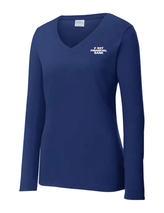 Womens  V-Neck Ring Spun Navy 4.5 oz Long Sleeve T-Shirt w/First Financial Bank Logo