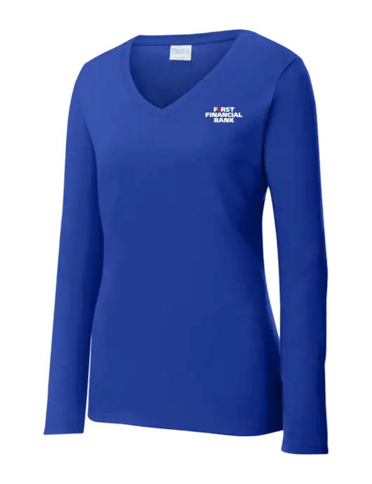 Womens  V-Neck Ring Spun Royal 4.5 oz Long Sleeve T-Shirt w/First Financial Bank Logo