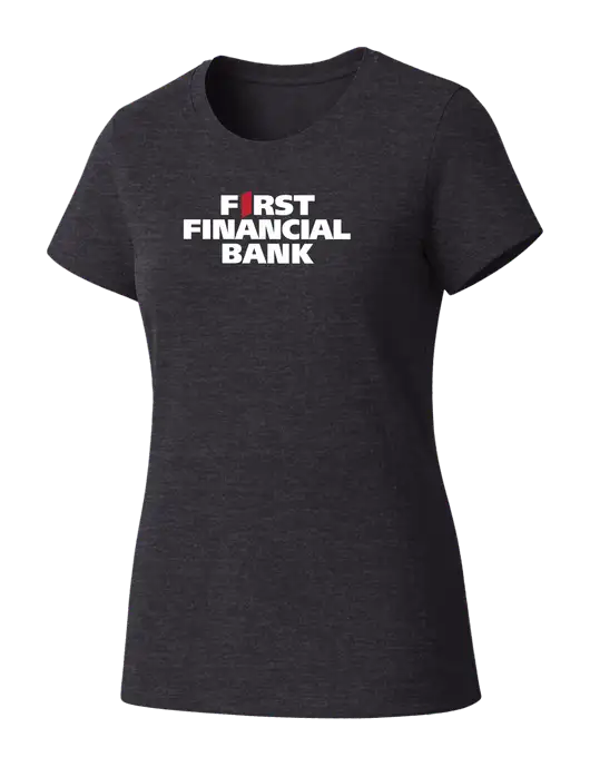 Womens Seriously Soft Heathered Charcoal T-Shirt w/First Financial Bank Logo