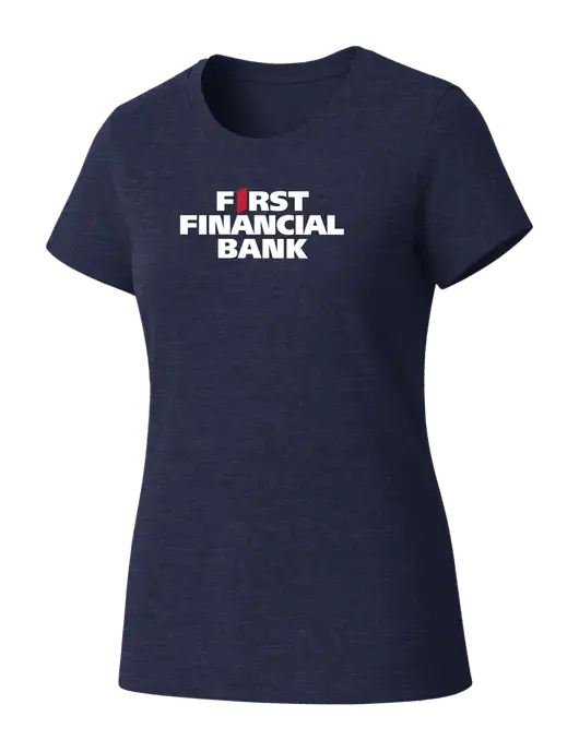 Womens Seriously Soft Heathered Navy T-Shirt w/First Financial Bank Logo