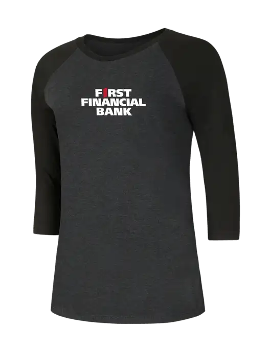 Womens Simply Soft 3/4 Sleeve Black/Black Frost Ring Spun Cotton T-Shirt w/First Financial Bank Logo