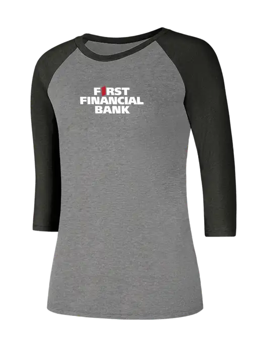 Womens Simply Soft 3/4 Sleeve Black Frost/Grey Frost Ring Spun Cotton T-Shirt w/First Financial Bank Logo