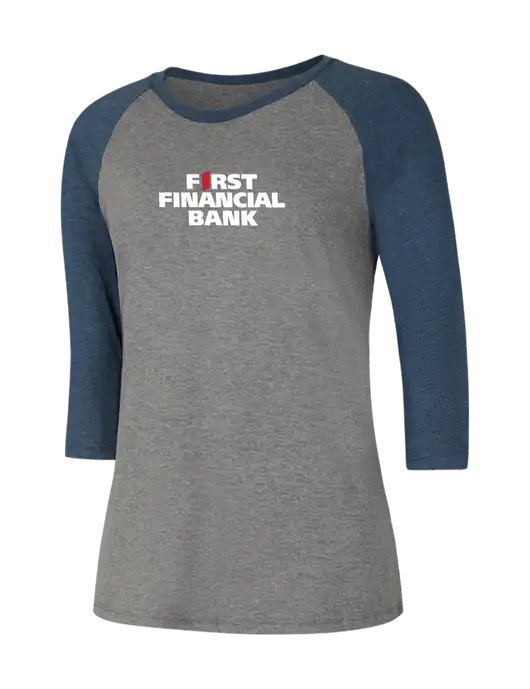 Womens Simply Soft 3/4 Sleeve Navy Frost/Grey Frost Ring Spun Cotton T-Shirt w/First Financial Bank Logo
