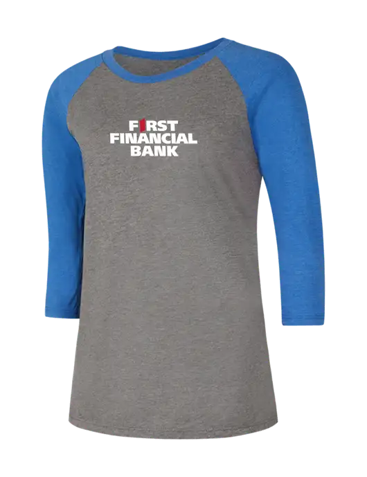 Womens Simply Soft 3/4 Sleeve Royal Frost/Grey Ring Spun Cotton T-Shirt w/First Financial Bank Logo