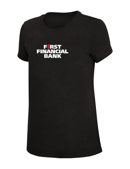 Womens Simply Soft Black 4.5oz Poly/Combed Ring Spun Cotton T-Shirt w/First Financial Bank Logo