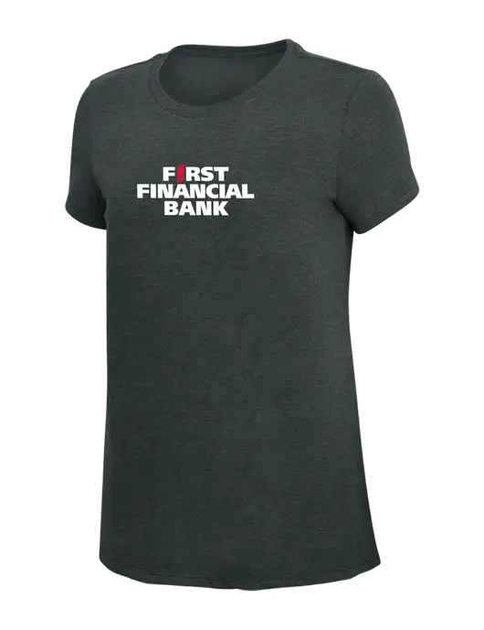 Womens Simply Soft Black Frost 4.5oz Poly/Combed Ring Spun Cotton T-Shirt w/First Financial Bank Logo