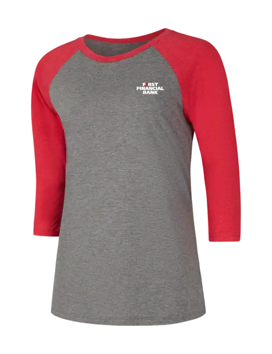 Womens Simply Soft 3/4 Sleeve Red Frost/Grey Frost Ring Spun Cotton T-Shirt w/First Financial Bank Logo