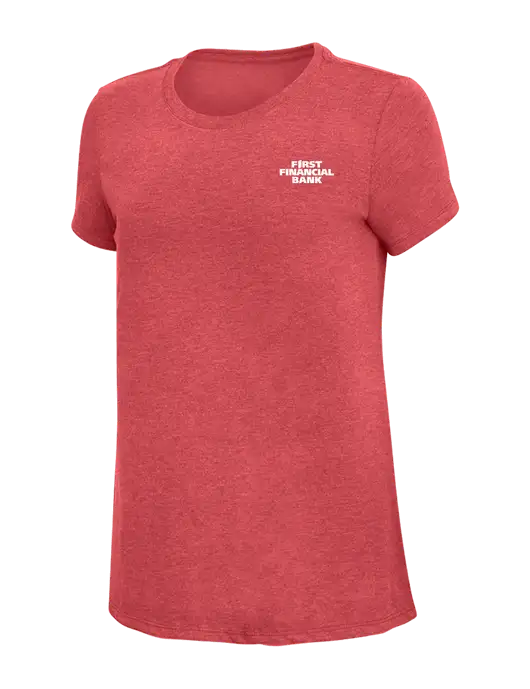 Womens Simply Soft Red Frost 4.5oz Poly/Combed Ring Spun Cotton T-Shirt w/First Financial Bank Logo