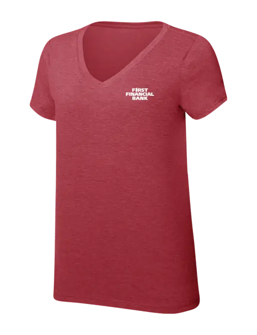 Womens Simply Soft V-Neck Red Frost 4.5oz  Poly/Combed Ring Spun Cotton T-Shirt w/First Financial Bank Logo