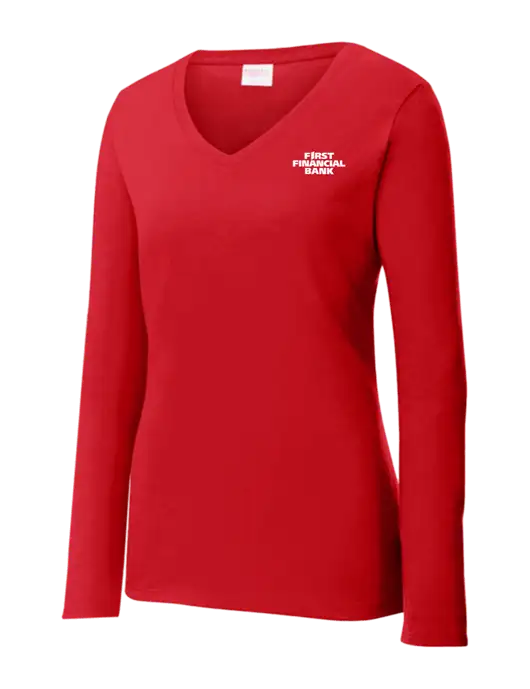 Womens  V-Neck Ring Spun Bright Red 4.5 oz Long Sleeve T-Shirt w/First Financial Bank Logo
