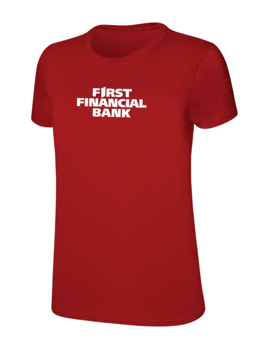 Womens Ring Spun Bright Red 4.5 oz T-Shirt w/First Financial Bank Logo