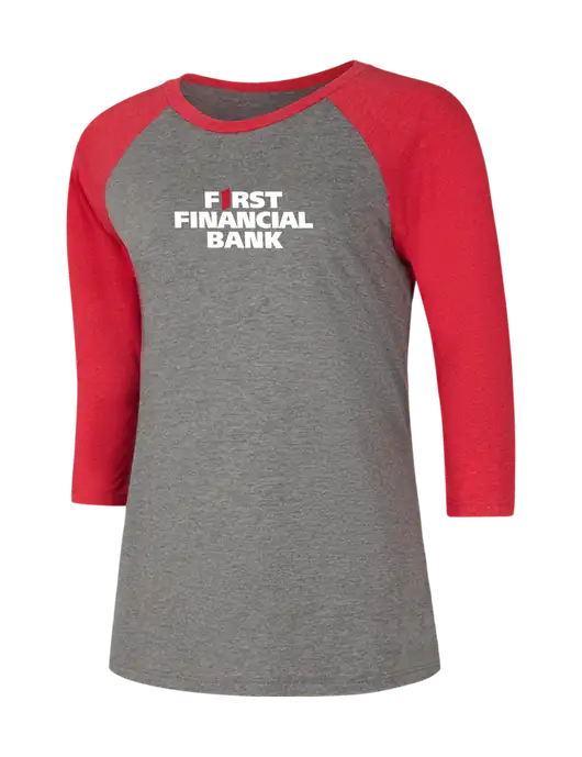 Womens Simply Soft 3/4 Sleeve Red Frost/Grey Frost Ring Spun Cotton T-Shirt w/First Financial Bank Logo