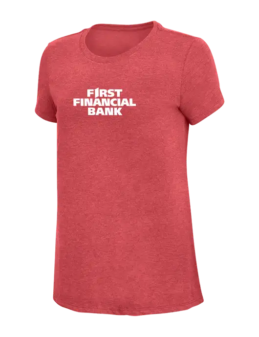 Womens Simply Soft Red Frost 4.5oz Poly/Combed Ring Spun Cotton T-Shirt w/First Financial Bank Logo