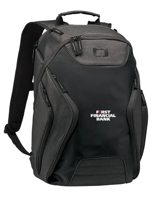 OGIO Black/Heather Grey Hatch Laptop Backpack
 w/First Financial Bank Logo