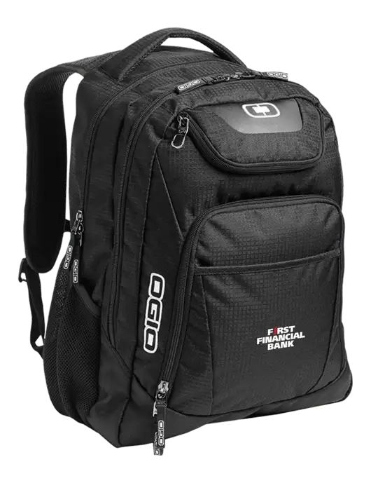 OGIO Black/Silver Excelsior Laptop Backpack w/First Financial Bank Logo