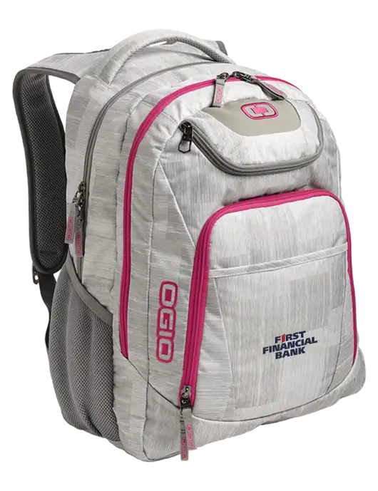 OGIO Light Grey/Pink Excelsior Laptop Backpack w/First Financial Bank Logo