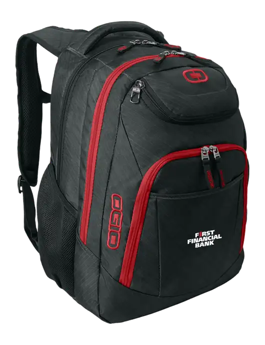 OGIO Dark Grey/Red Excelsior Laptop Backpack w/First Financial Bank Logo