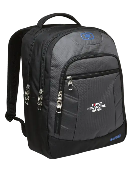 OGIO Dark Grey/Royal Blue Colton Laptop Backpack  w/First Financial Bank Logo