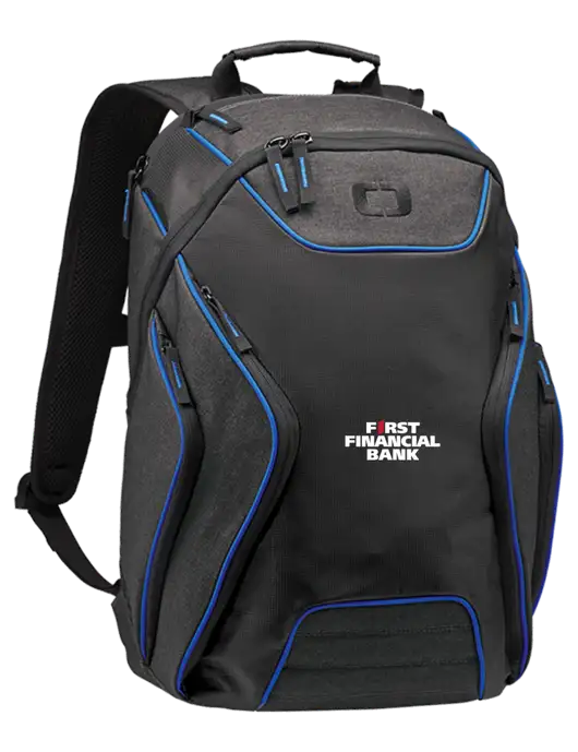 OGIO Royal Blue/Heather Grey Hatch Laptop Backpack
 w/First Financial Bank Logo