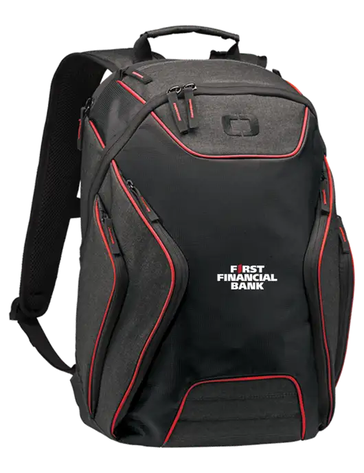 OGIO Red/Heather Grey Hatch Laptop Backpack
 w/First Financial Bank Logo