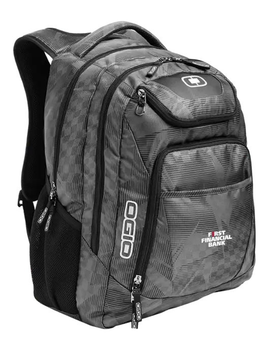 OGIO Race Day Silver Excelsior Laptop Backpack w/First Financial Bank Logo