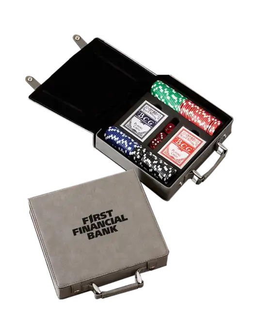 Grey Leatherette 100 Chip Poker Set w/First Financial Bank Logo