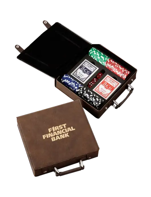 Rustic Leatherette 100 Chip Poker Set w/First Financial Bank Logo