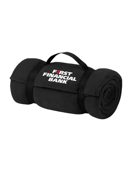 Casual Black Fleece Blanket With Strap w/First Financial Bank Logo
